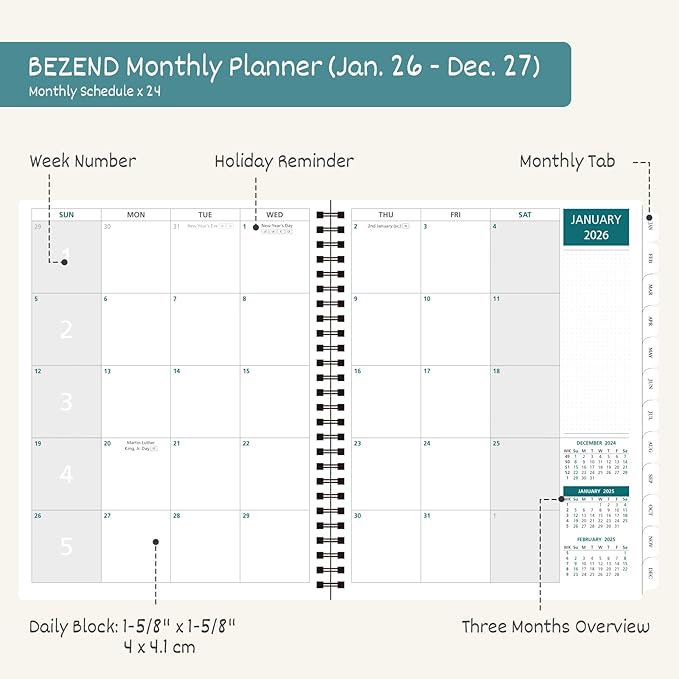 BEZEND Monthly Planner 2026-2027 (Spiral-7" x 9") 2 Year Calendar Book with Note Pages - Jan 26 to Dec 27-120 GSM Paper, Inner Pockets, Laminated Tabs, Vegan Leather Softcover - Dark Green