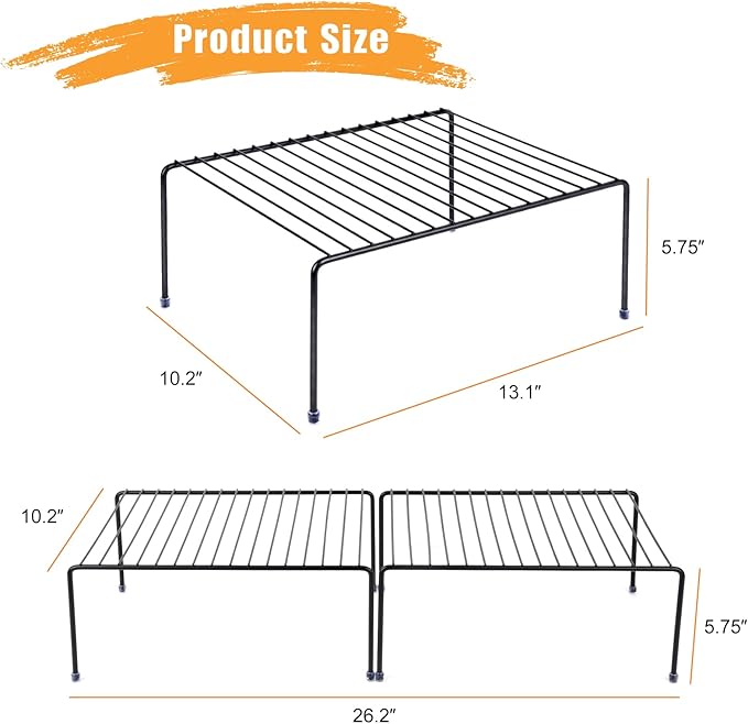 Kitchen Cabinet Storage Shelf Rack/Plastic Feet - (13.1 x 10.2 Inch) - Steel Metal - Rust Resistant Finish - Cups, Dishes, Cabinet & Pantry Organization (4, Black)