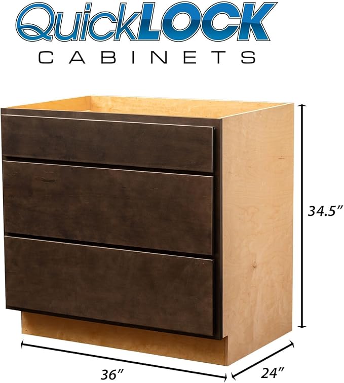 Quicklock RTA (Ready-to-Assemble) | Base Kitchen Cabinets - Shaker Style | Made in America (Espresso Stain, 36" Wx34.5 Hx24 D 3 Drawer)
