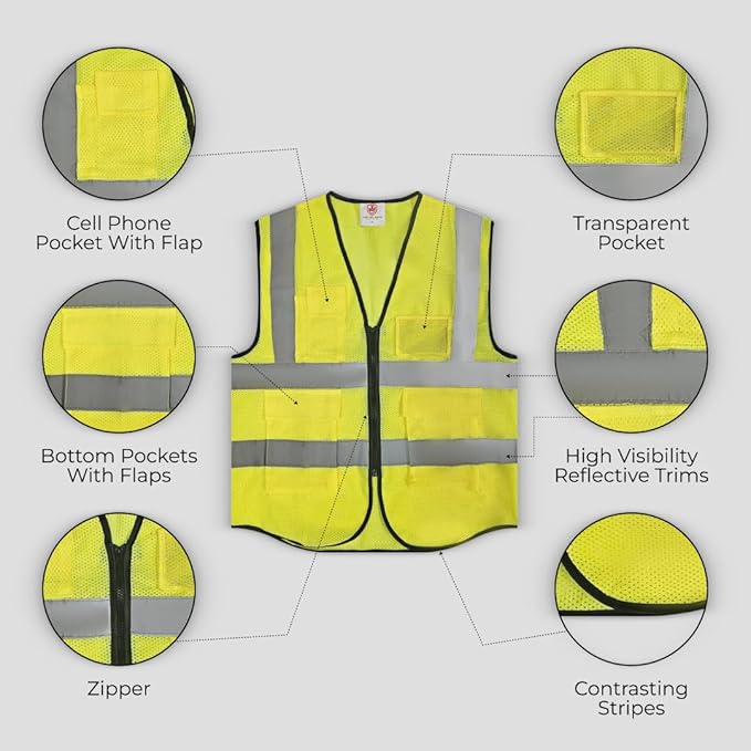 High-Visibility Safety Vests – Pack of 3, Reflective vest, Front Zipper & Utility Pockets for Maximum Safety