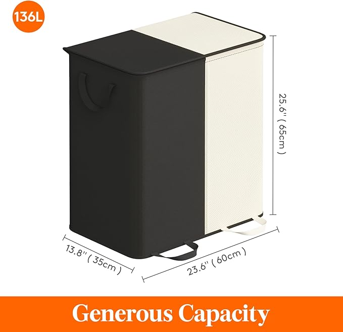 Lifewit Double Laundry Hamper with Lid and Removable Laundry Bags, Large Collapsible 2 Dividers Dirty Clothes Basket with Handles for Bedroom, Laundry Room, Closet, Bathroom, College, 136L White&Black
