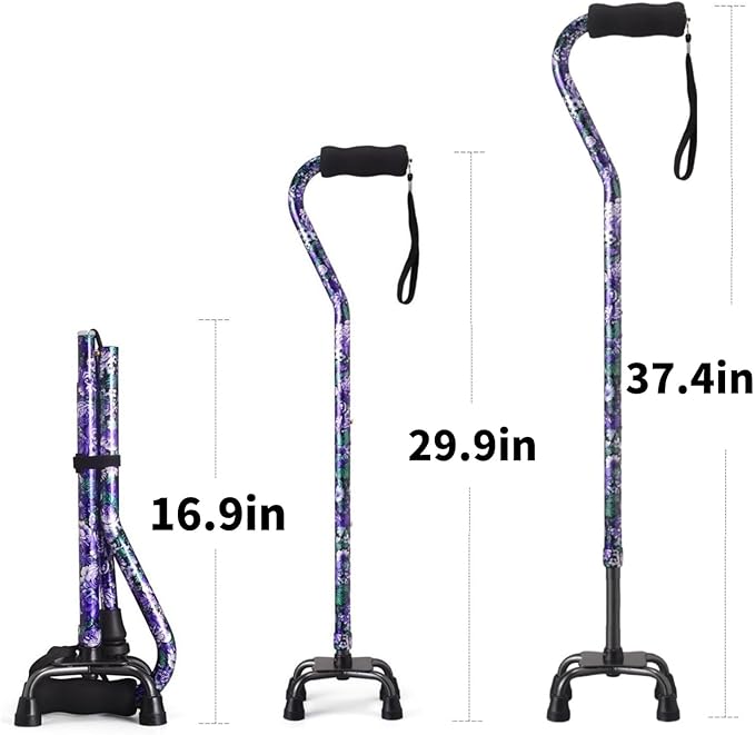 Walking Cane for Women & Men, Adjustable Quad Cane with 4-Prong Base for Stability and Balance, Folding Aluminum Walking Stick for Seniors