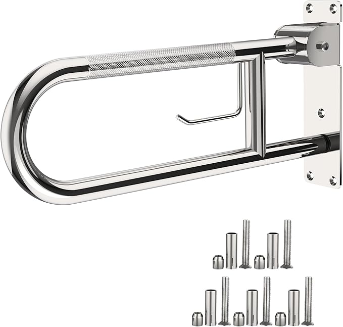 Toilet Grab Bar 22.4 Inch Chrome, Munzong Anti-Slip Handicap Grab Bars with Paper Holder, Flip-Up Bathroom Safety Rails, Stainless Steel Knurled Support handrails for Seniors Elderly Disabled Pregnant