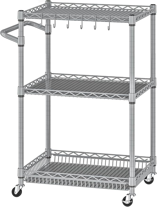 3 Tier Rolling Utility Carts with Wheels Heavy Duty Storage Cart 750Lbs Capacity Adjustable Kitchen Metal Organizer Cart with Handle & Shelf Liner Commercial Service Trolley for Indoor & Outdoor Use