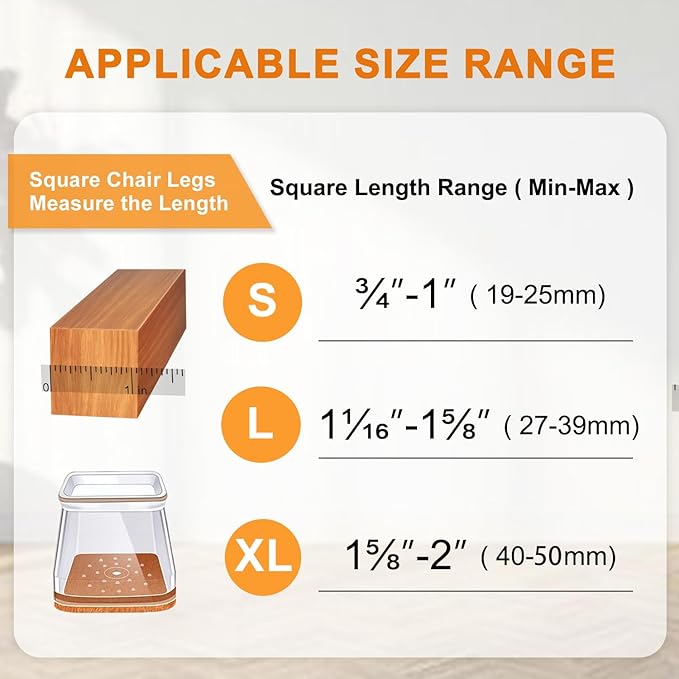 24 Pcs Chair Leg Floor Protectors for Hardwood Floors Square Silicone Covers to Protect Wood Tile Floors Felt Pads Furniture Leg Caps Anti-Scratch Reduce Noise (Fit:1-1/16" to 1-5/8")