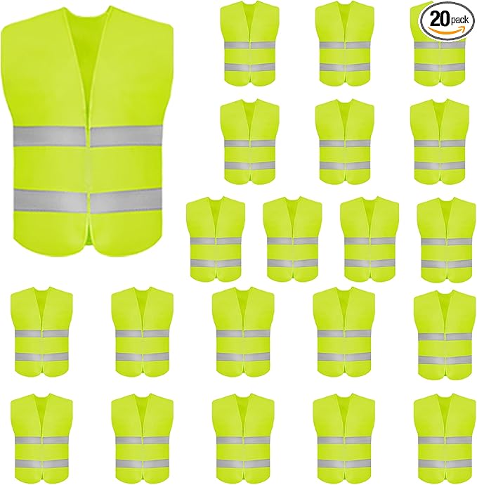 DUSKCOVE 20 Pack High Visibility Safety Vest for Traffic Work, Running, Surveyor and Security Guard - Construction Vest with 2 Reflective Strips, Made from Breathable Neon Yellow Mesh Fabric