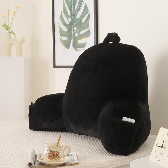 Reading Pillow for Sitting in Bed, Large Backrest Reading Pillow with Arm Rest,Back-Rest Support Cushion for Sit Up on Couch, Sofa, and Floor, Dorm Essentials (Black Faux Fur, Large(19"))