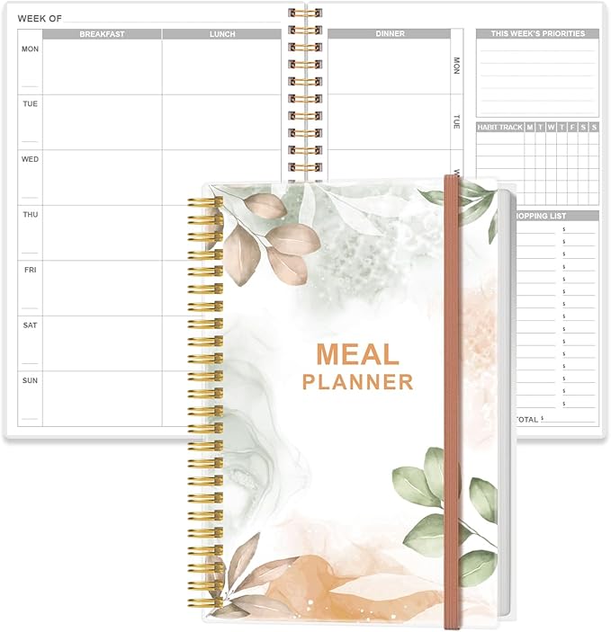 Weekly Meal Planner - A5 Weekly & Daily Meal Prep Journal with Shopping and Grocery Lists for Menu Planning, 93 Sheets/186 Pages Healthy Diet & Weight Loss Tracking, Undated, 52 Weeks, Lasts 1 Year,