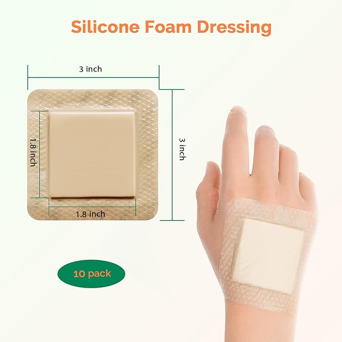 Silicone Foam Dressing 3x3 Inch with Border 10 Packs Adhesive Waterproof Wound Dressing Bandages for Wound Care High Absorbency Foam Pad Bandaid