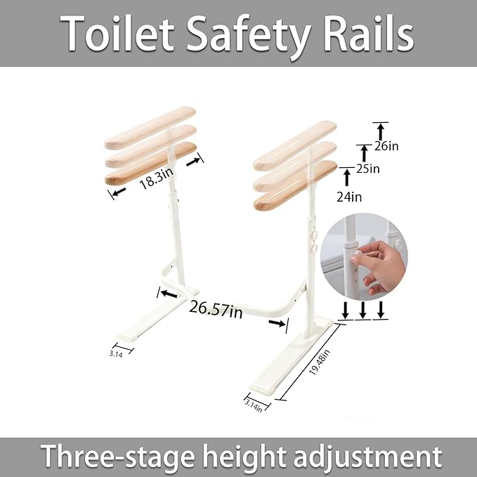 Toilet Safety Rails for Seniors - Toilet Safety Frame with Nighttime Reflective Armrests & Base, 3-Speed Height Adjustment, Toilet Safety Frames & Rails Fits Most Toilets, 3-Hole Depth Adjustment