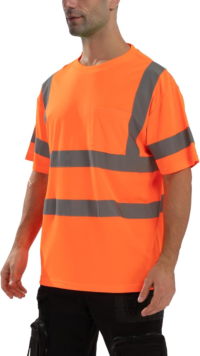 High Visibility Class 3 T Shirts，Hi Vis Safety Shirts with Reflective Strips and Pocket, Short Sleeve Quick Dry Mesh Construction Work Shirt for Men/Women Orange,6XL