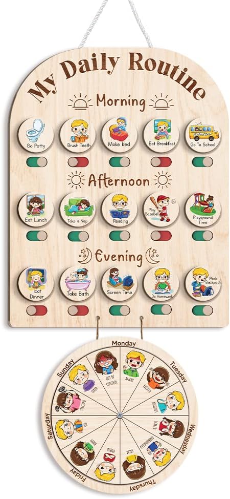 Personalized Wooden Daily Routine with Emotion Wheel, Daily Chore Chart for Kids, Behavior Chart at Home for Toddler, Visual Schedule with Feeling Wheel for Kids Boys Girls