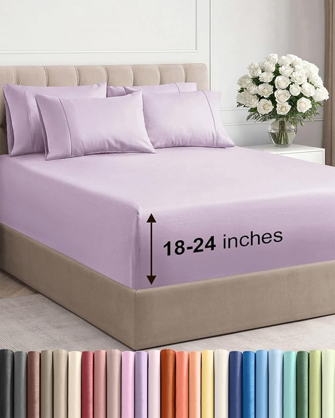 Extra Deep Cal King Sheet Set - 6 Piece Breathable & Cooling Sheets - Hotel Luxury Bed Sheets Set - Easy Fit - Soft, Wrinkle Free & Comfy Sheets Set - Light Lavender Sheet Set w/Extra Deep Pockets