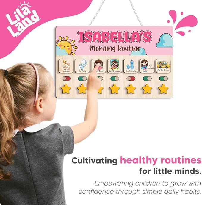 Personalized Wooden Chore Chart for Kids, Daily Routine Chart for Toddlers, Visual Schedule for Kids Age 3-5, Morning Bedtime Routine for Girls (01)
