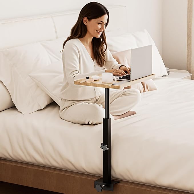 Bedside Shelf for Bed, Height-Adjustable Clip On Bedside Table, Overbed Table for Bed Frames and Sofas Widths 1" - 2.7", Nightstand Organizer Tray for Apartments, Bedrooms, Dorm Essentials