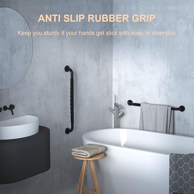 2 Pack 24 Inch Black Shower Grab Bar w/Anti Slip Rubber Grip,ZUEXT Stainless Steel Bath Grab Bar,Bathroom Balance Bar,Wall Mount Safety Handrail Support,Handicap Injury Elderly Senior Assist Handle