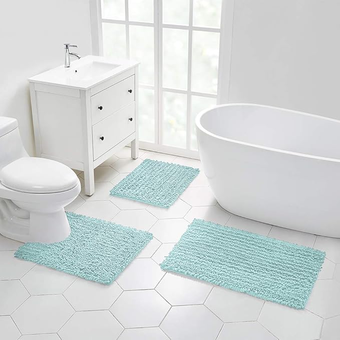 Walensee Bathroom Rug 2 Pieces Set Non Slip Bath Mat (20"x32" Plus 20"x24" U spa Blue) Water Absorbent Super Soft Shaggy Chenille Machine Washable Dry Extra Thick Perfect Carpet for Shower Floor