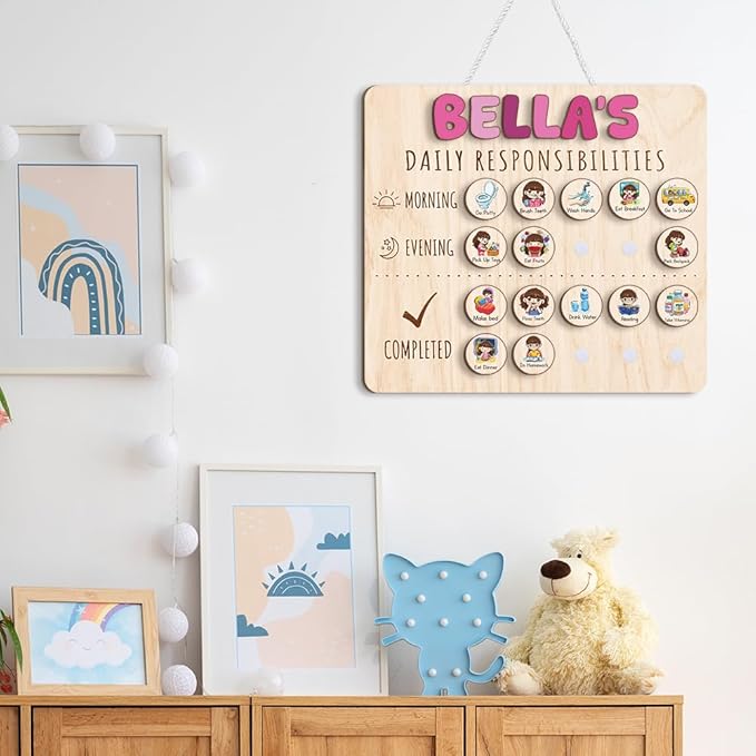 Wooden Chore Chart for Kids Visual Schedule, Routine Chart for Kids, Morning Bedtime Routine Chart for Toddlers Ages 2-4, Daily Kids Schedule Board for Home (16)
