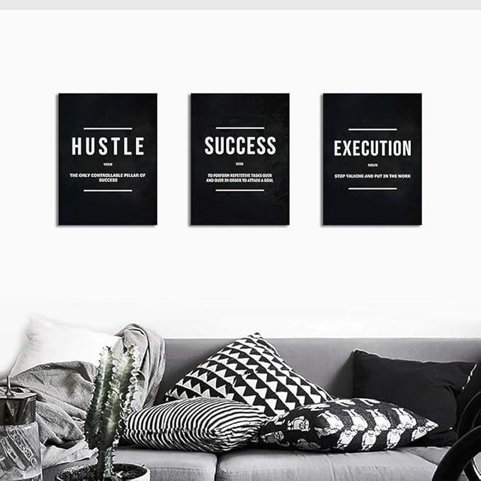 Unbruvo Hustle Success Execution Wall Art for Office, Inspirational Motivational Wall Decor, 3 Pieces Positive Quotes Canvas Wall Art for Entrepreneur Living Room Bedroom(72''Wx 36''H)