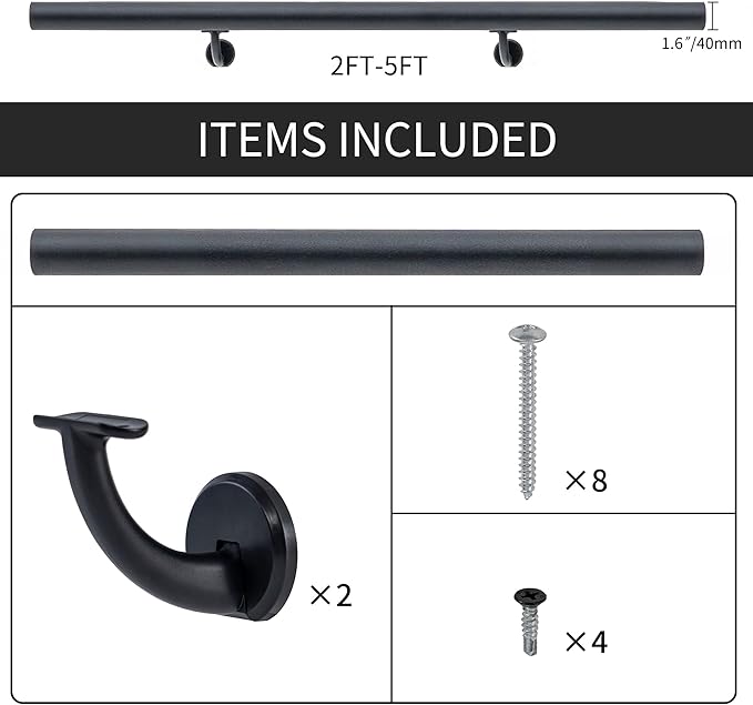 4FT Modern Aluminum Handrail Set, handrails for Indoor Stairs,Deck,Slope, Wall Mounted Staircase handrails, Zink Alloy Brackets Included,Rust Free. (Matte Black, 4 FT)