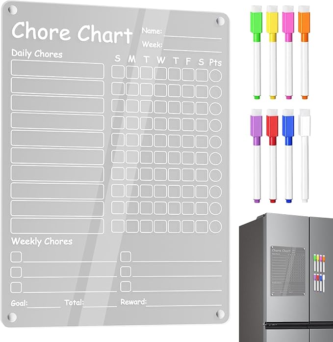 Chore Chart, Clear Dry Erase Board, Magnetic Erasable Planner, 11.97x8.98 Inches, Reusable Organizer for Kids Children Teens Adults Family Home Daily Tasks and Weekly Routine Use
