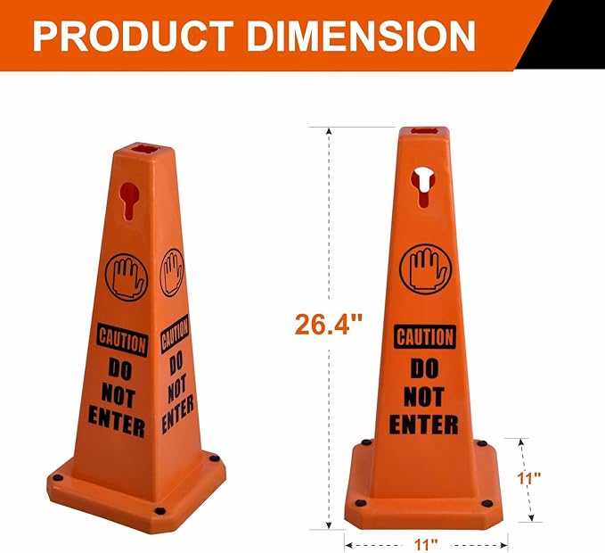 26.5" Caution Cones, 4-Sided Visible Safety Signs with Heavy Rubber Base, Warning for Slip & Fall Prevention, Indoor/Outdoor Use (4, Do Not Enter-Orange, 26.5 inch)
