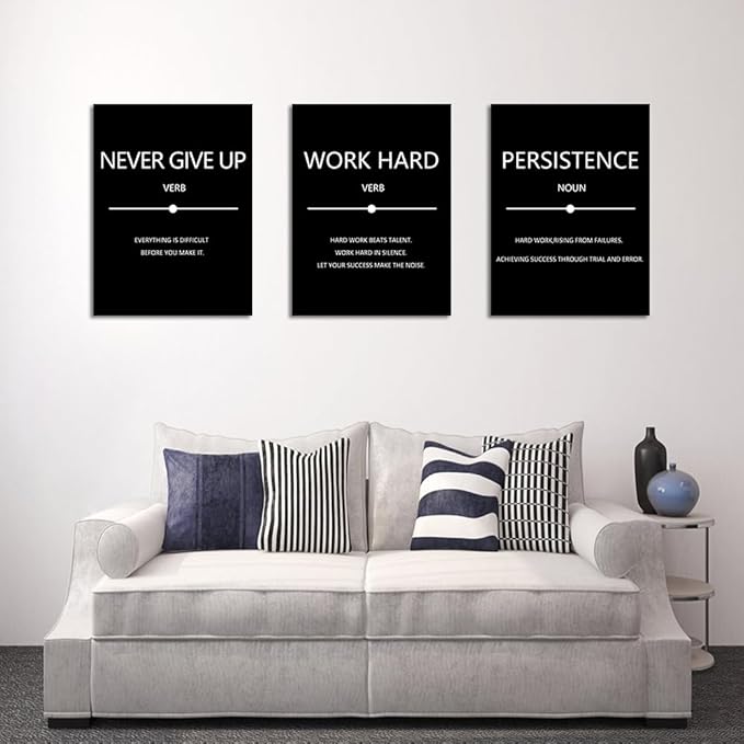 Unbruvo Inspirational Canvas Wall Art, Motivational Office Wall Decor, 3 Pieces Black Never Give Up Positive Quotes Wall Art for Workplace Living Room Bedroom(72''Wx 36''H)