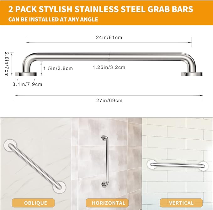 2 Pack 24 inch Shower Grab Bars 1.25 inch ADA Safety Grab Bars for Bathroom 500 lbs Support 304 Stainless Steel Assist Bath Handle Brushed Nickel
