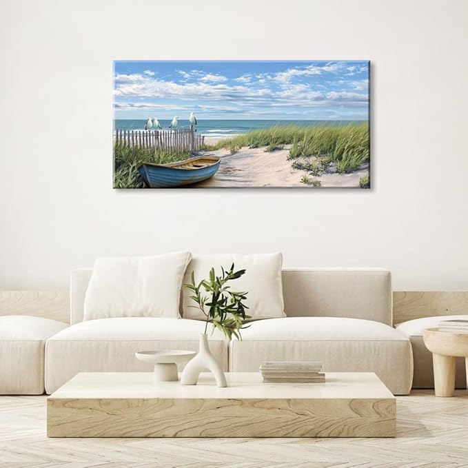 Coastal Blue Seascape Beach Sail Boat Wall Art for Living Room Office Scenic Landscape Art Deco Green Painting Prints Nature Summer Canvas Artwork Over The Couch Bedroom Decor
