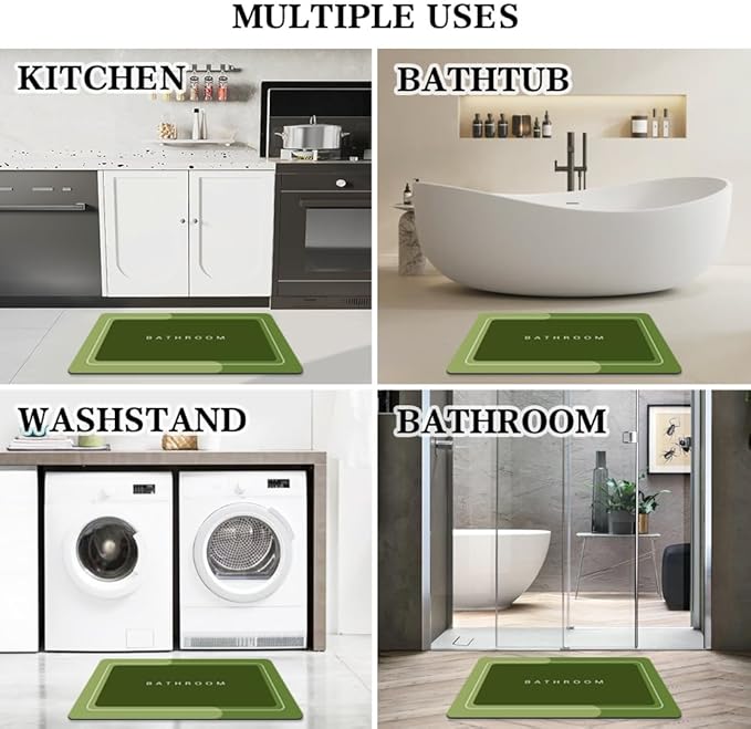 Bath Mat, Super Absorbent Non Slip Quick Dry Thin Rubber Mats for Bathroom Floor, Fit Under Door, Shower Rug for Bathtub, Green