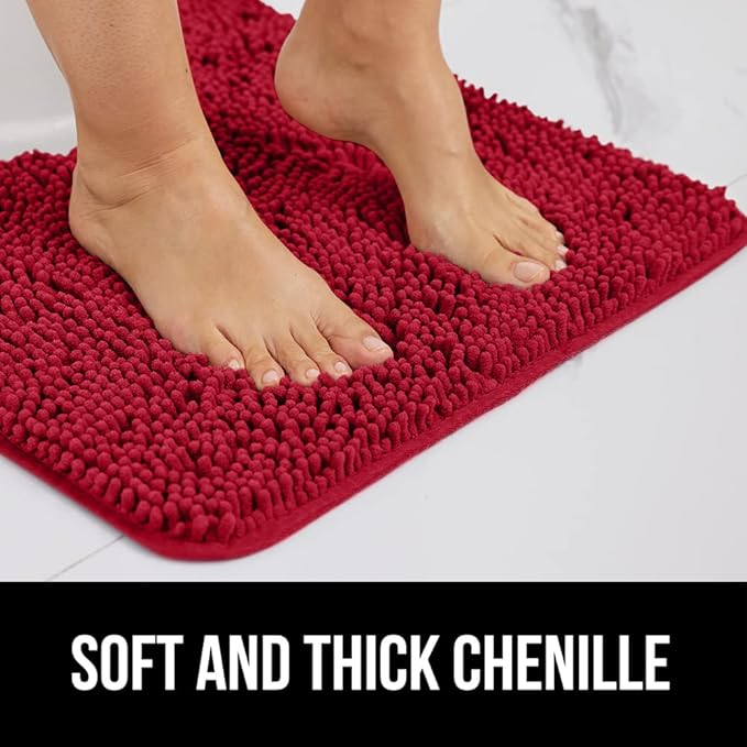 GORILLA GRIP Bath Rug Mat 44x26, Thick Soft Absorbent Chenille, Quick Dry Microfiber Mats, Rubber Backing Washable Shower Floor Rugs, Bathmat Runner, US Designed Bathroom Home Decor Accessories Red