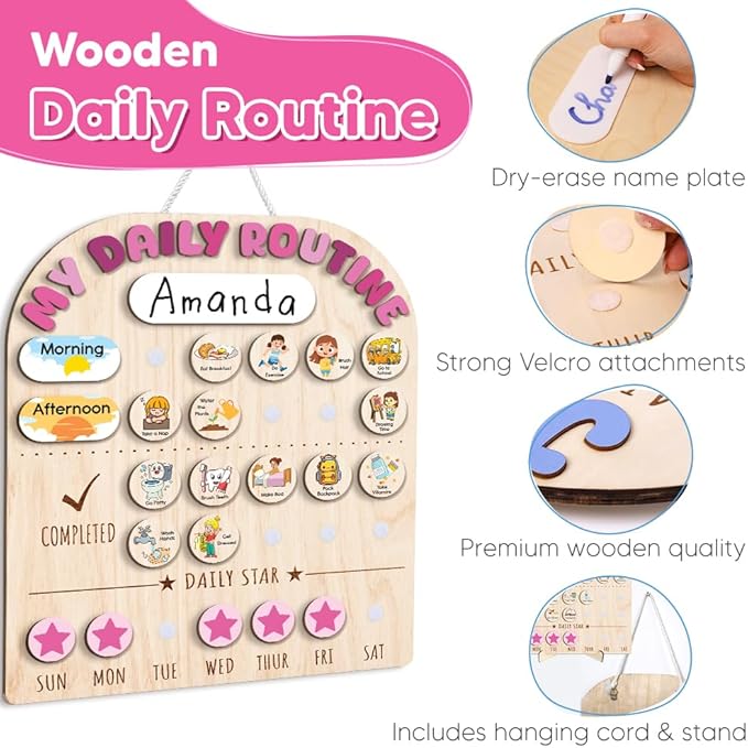 Wooden Daily Routine for Kids, Chore Chart for Toddler, Daily Responsibilities for Kids, Visual Schedule, Morning Bedtime Routine for Girls