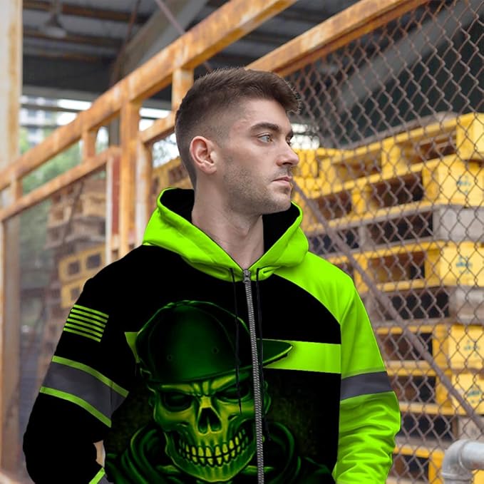 Maddly Hi Vis Reflective Zip Up Hoodie, High Visibility Safety Jacket with Skull Design for runner, worker, trucker, cyclist