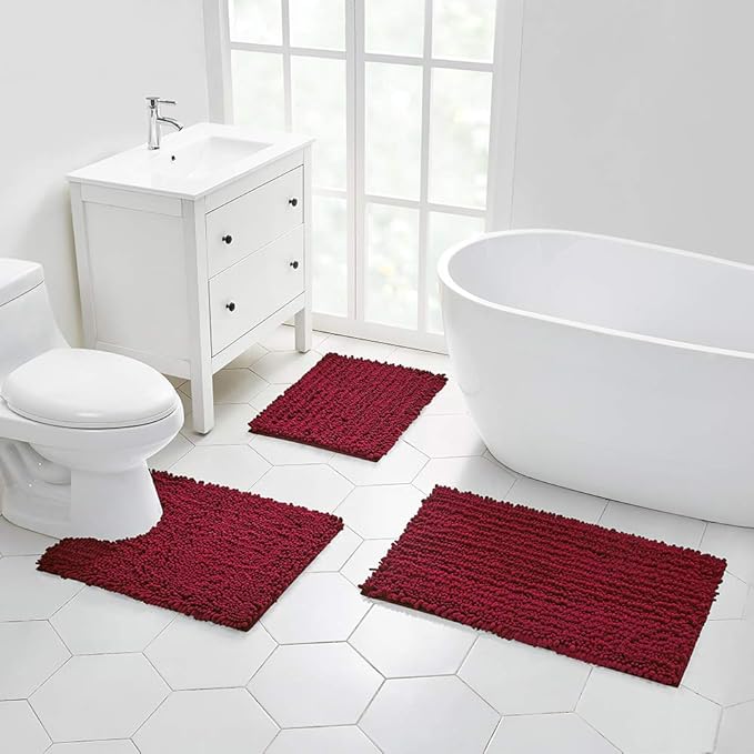 Walensee Bathroom Rug Non Slip Bath Mat (24x17 Inch Red) Water Absorbent Super Soft Shaggy Chenille Machine Washable Dry Extra Thick Perfect Absorbant Best Small Plush Carpet for Shower Floor