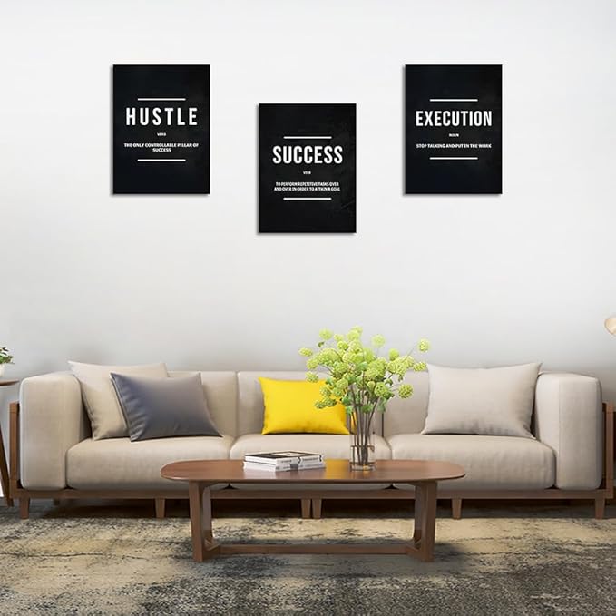 Unbruvo Hustle Success Execution Wall Art for Office, Inspirational Motivational Wall Decor, 3 Pieces Positive Quotes Canvas Wall Art for Entrepreneur Living Room Bedroom(36''Wx 16''H)