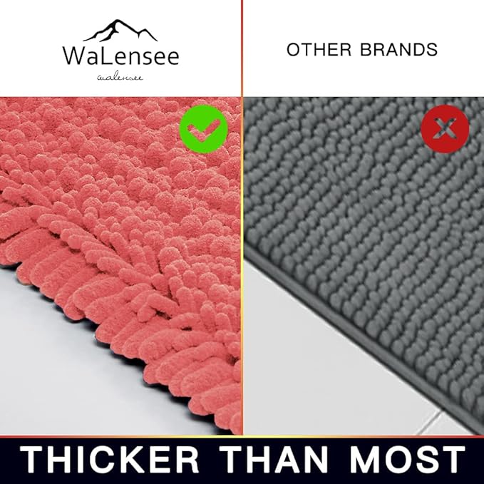 Walensee Bathroom Rug 2 Pieces Set Non Slip Bath Mat (20"x32" Plus 20"x24" U Living Coral) Water Absorbent Super Soft Shaggy Chenille Machine Washable Dry Extra Thick Perfect Carpet for Shower Floor