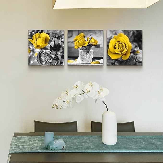 TTHYUEWS Canvas Wall Art For Bedroom Decor Kitchen Living Room Girls Decorations Black And White Pictures Artwork Yellow Rose Flowers Prints Bathroom Home 3 Piece