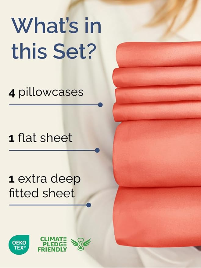 Extra Deep King Sheet Set - 6 Piece Breathable and Cooling Sheets - Hotel Luxury Bed Sheets Set - Easy & Secure Fit - Soft, Wrinkle Free and Comfy Sheets Set - Coral Sheet Set with Extra Deep Pockets