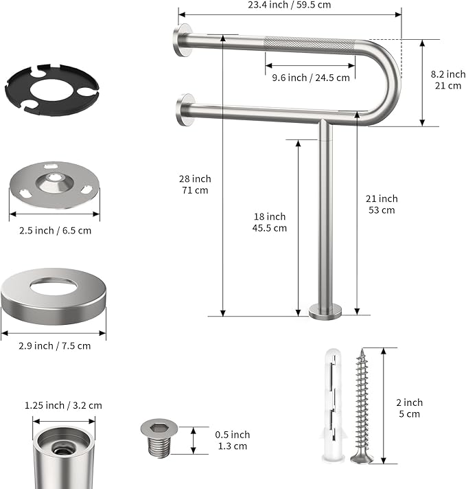 Toilet Support Rail 23.4X 28 Inch, Munzong Anti-Slip Satin Brushed Nickel Handicap Grab Bar for Bathroom, Stainless Steel Knurled Safety handrails with Leg for Elderly Disabled Pregnant-1.25’Tube