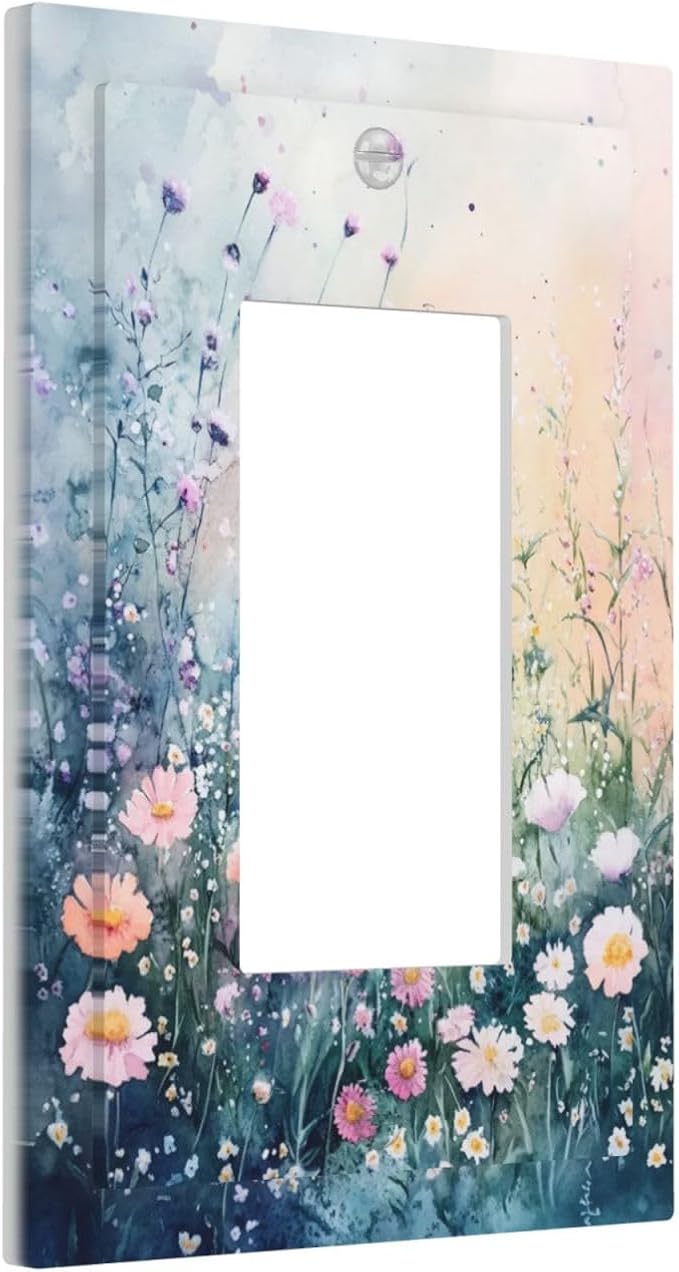 Decorative Outlet Covers Pink Floral Wildflower Green Plants 1 Gang Rocker Light Switch Cover Plate Single Gfci Light Switch Covers Wall Plate for Bathroom Decor