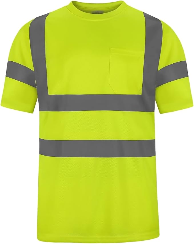 High Visibility Class 3 T Shirts，Hi Vis Safety Shirts with Reflective Strips and Pocket, Short Sleeve Quick Dry Mesh Construction Work Shirt for Men/Women Lime,2XL