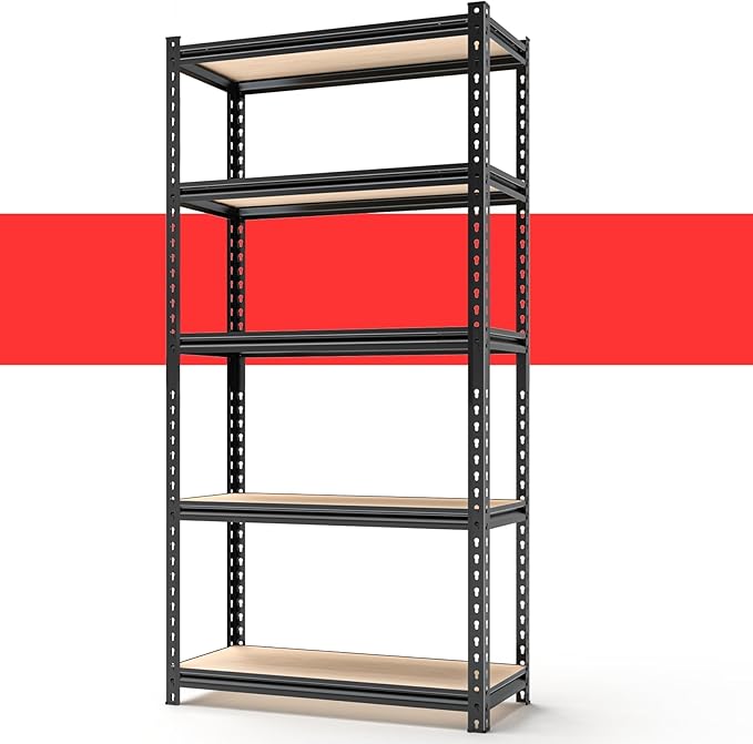 60" H x28 W x12 D: Father&I 5-Shelf-Storage-Rack Metal+Wood Garage/Kitchen Pantry Shelves Steel Utility Stand Shelving Unit Adjustable Heavy-Duty Shed Closet/Attic/Laundry Organizer, Black