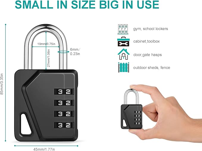 ZHEGE Locker Lock, 4 Digit Combination Padlock with DIY Name Tag for School, Work, Gym - Easy to Read & with Big White Number (Black, 1 Pack)