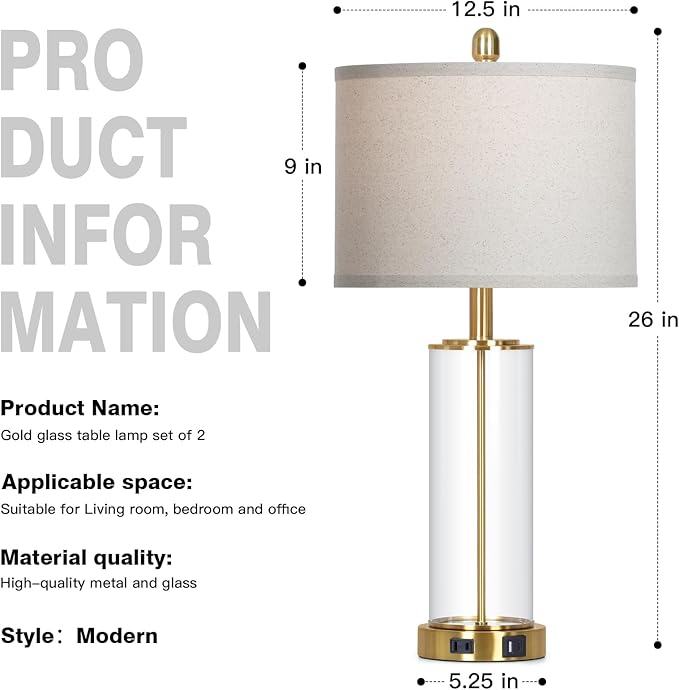 26" Gold Glass Table Lamps Set of 2, 3-Way Dimmable Touch Control Living Room Lamp with USB C+A Ports & AC Outlet, Modern Bedside Lamps, Elegant Bedroom Lamps for Nightstand Side End Table Desk