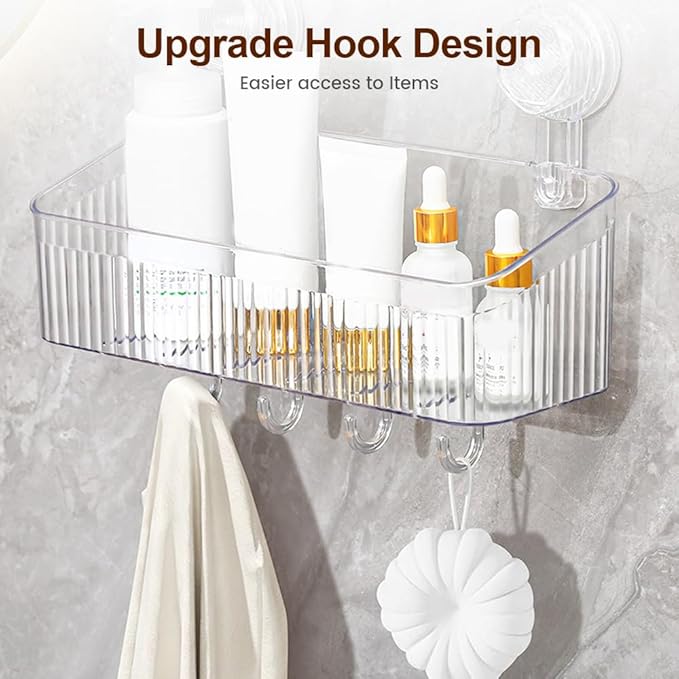 No-Drill Bathroom Suction Storage Box, Corrugated Suction Cup Wall Organizer, Removable Hanging Storage Basket with Strong Hold, Acrylic Shower Caddy for Bathroom (Clear L)