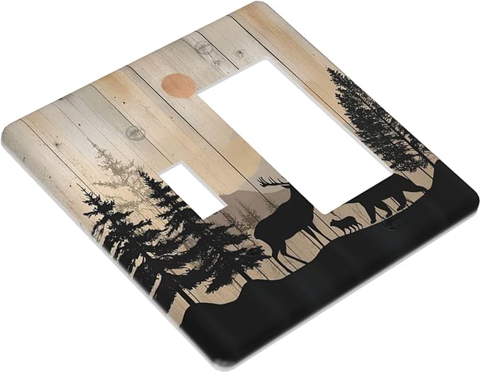 Outlet Covers Wood Board Wildlife Cute Bear Deer Forest Rustic 1 Toggle 1 Rocker Combination Decorative Wall Plate Electrical Switch Plates Light Switch Cover Plate for Bathroom Farmhouse