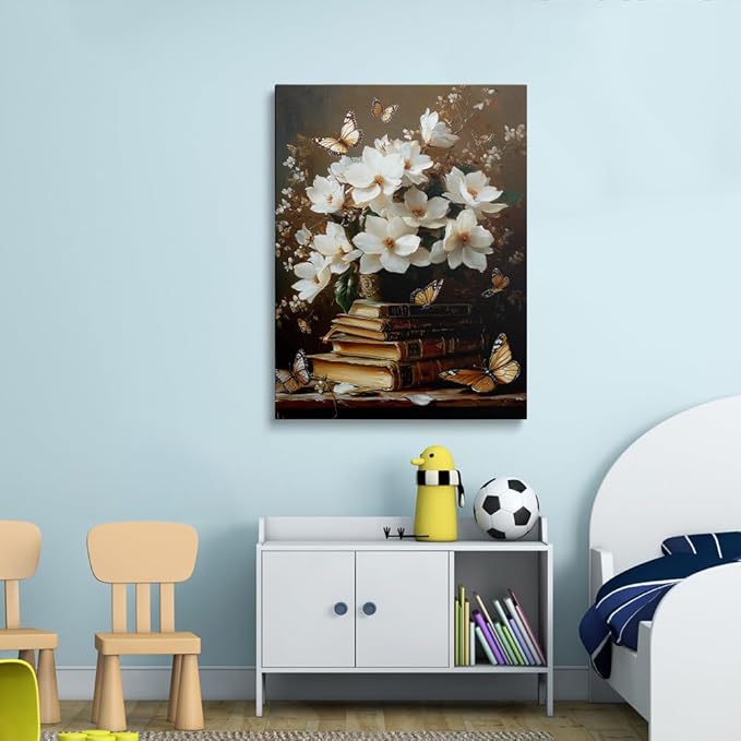Framed Floral Book Butterfly Vintage Picture Wall Decor Gift Retro Bible Print Poster Rustic Painting Flower Canvas Wall Art for Living Room Bedroom Artwork (12"x16")