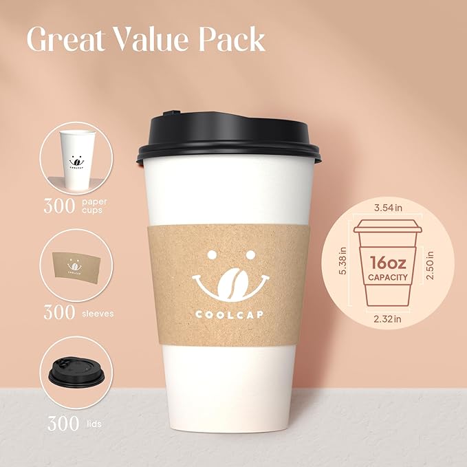 Coffee Cups with Lids and Sleeves, 16 oz 300 Pack To Go Cups with Lids, Paper Hot Cups for Hot & Cold Beverage (White, 16 oz)