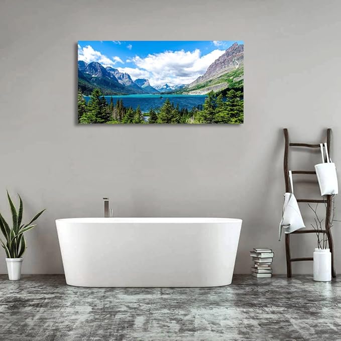 Landscape Saint Mary Lake Canvas Wall Art for Living Room Wall Decor Glacier National Park Canvas Pictures Blue Sky Mountain Forest Nature Scene Painting Artwork Home Office Decorations 20" x 40"
