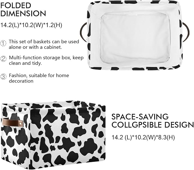 Black White Cow Skin Print Storage Basket Cube Storage Bins Organizer Bag Collapsible Closet Shelf Baskets with handle for Cloth Book 14.2×10.2×8.3 IN